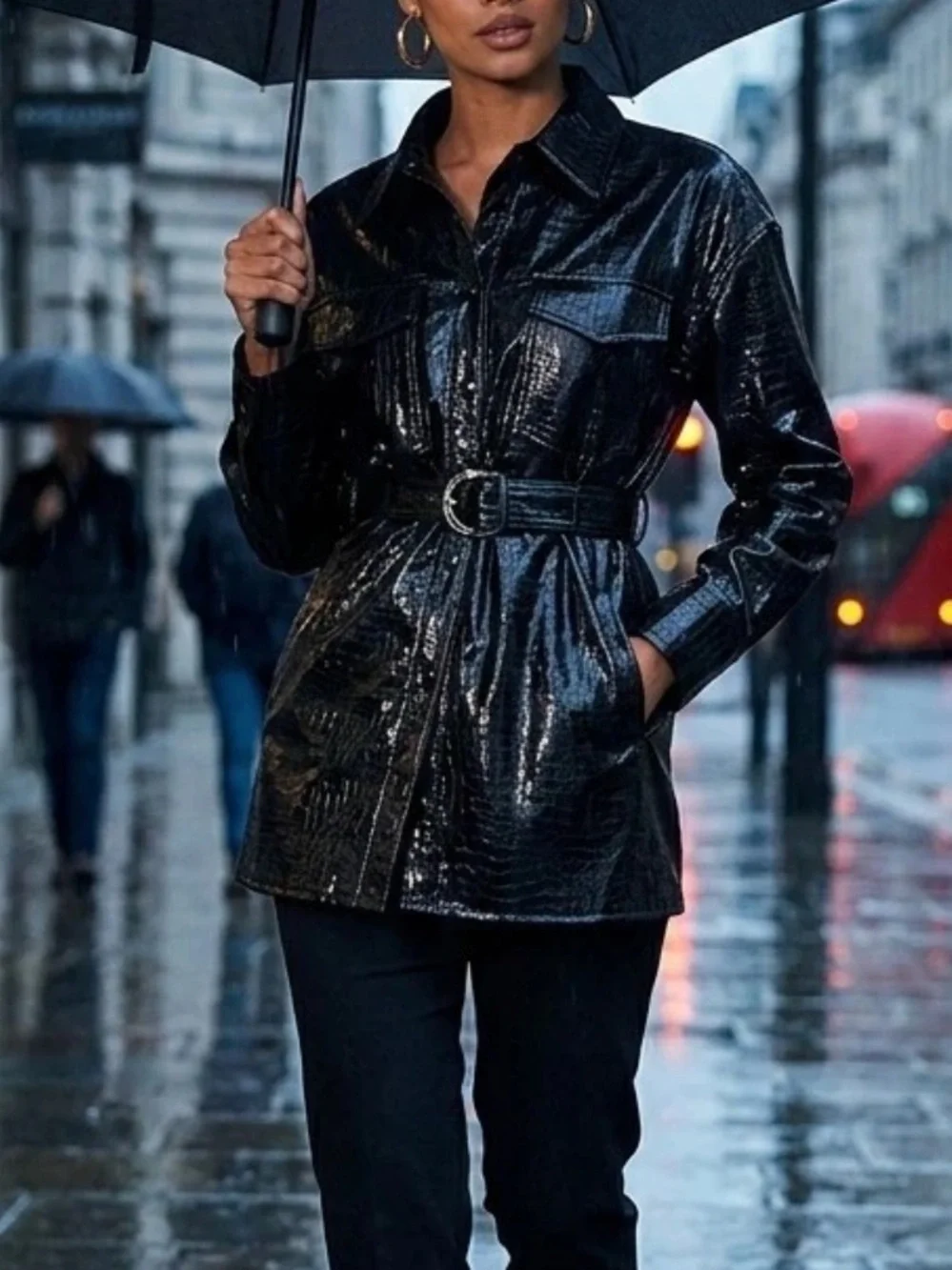 ZARA Black Faux Leather Croc Embossed Shirt Belted Jacket NWT